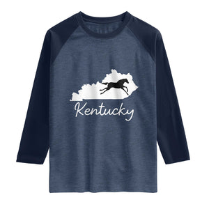 Kentucky State Map with Racing Horse Raglan Shirt Bluegrass State Pride Equestrian TS02 Heather Denim Navy Print Your Wear