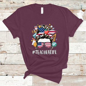 Teacher Life T Shirt American Messy Bun First Day Of School TS02 Maroon Printyourwear