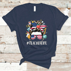 Teacher Life T Shirt American Messy Bun First Day Of School TS02 Navy Printyourwear