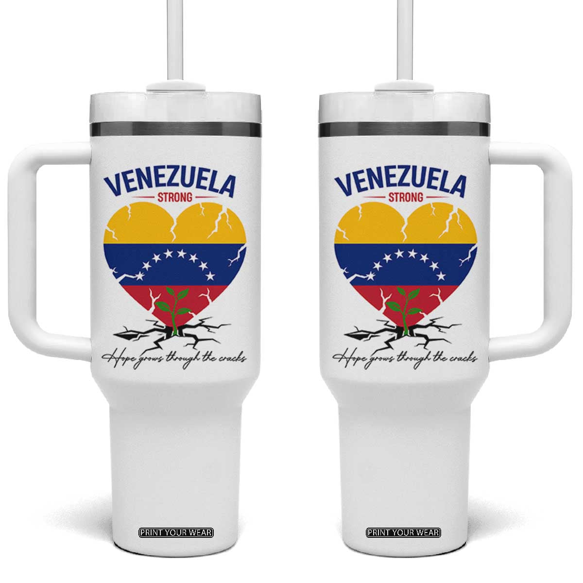 Venezuela Strong Healing Support Tumbler With Handle Hope Grows Through Cracks Venezuelan Flag Heart TS02 One Size: 40 oz White Print Your Wear