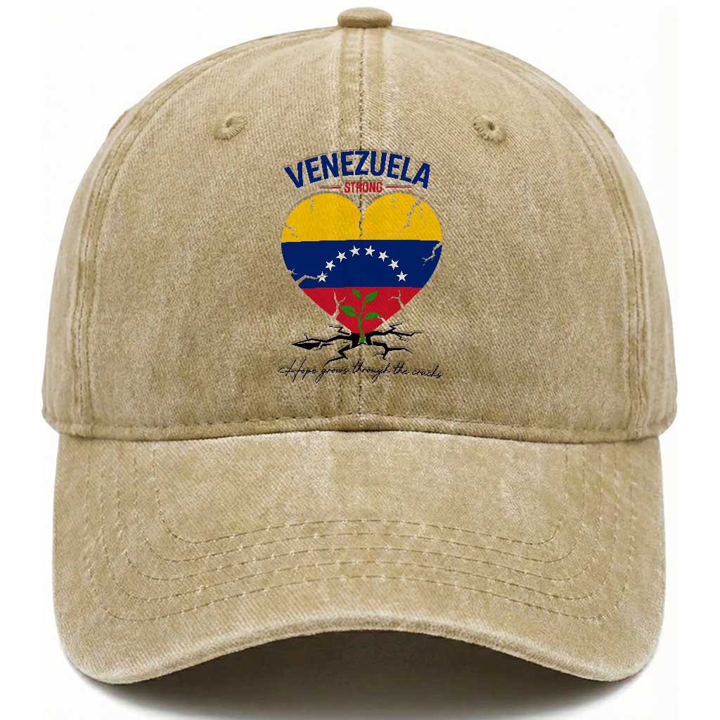 Venezuela Strong Healing Support Washed Cotton Baseball Cap Hope Grows Through Cracks Venezuelan Flag Heart TS02 Print Your Wear