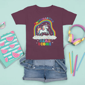 Cute Kindergarten Unicorn T Shirt For Kid Kinder Here I Come Rainbow TS02 Maroon Printyourwear