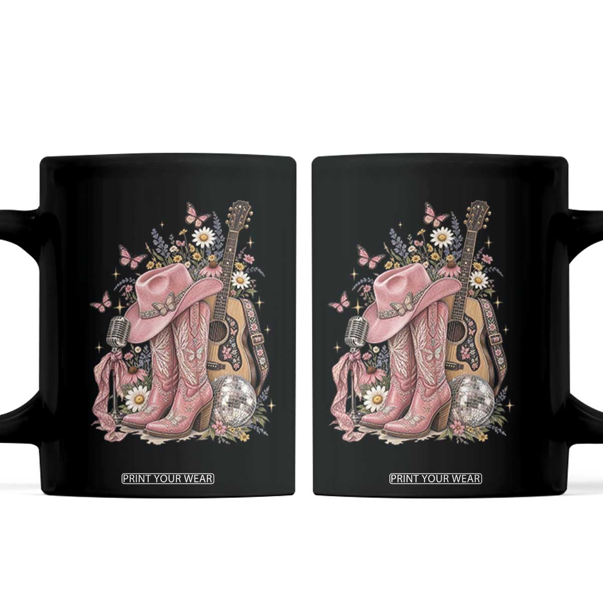 Vintage Floral Cowgirl Country Music Western Coffee Mug Boots Acoustic Guitar Disco Ball Pink Graphic