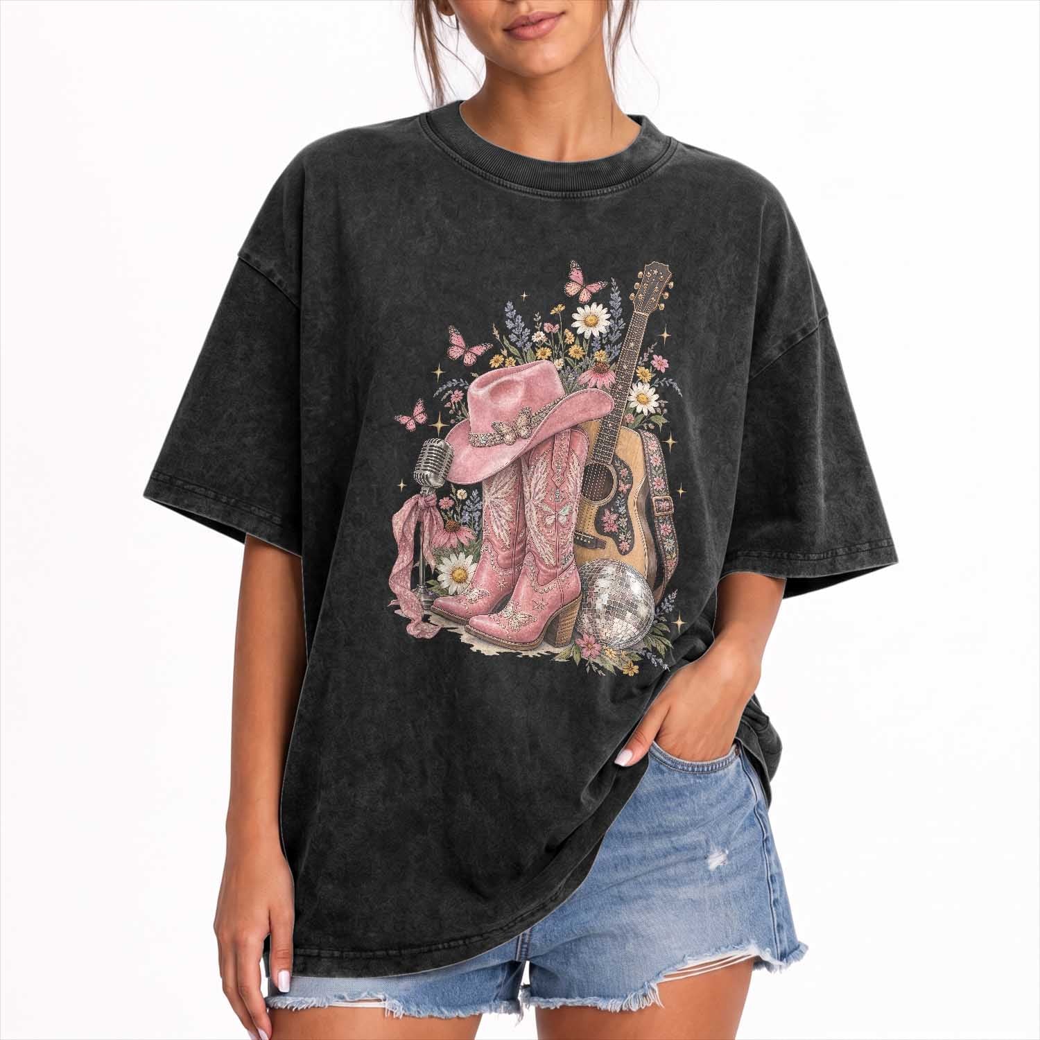Vintage Floral Cowgirl Country Music Western Washed Cotton T-Shirt Boots Acoustic Guitar Disco Ball Pink Graphic