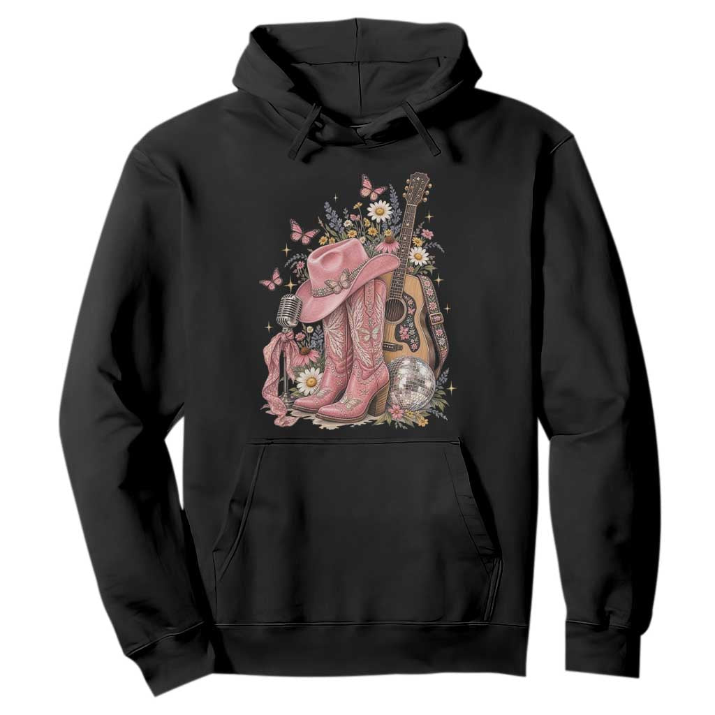 Vintage Floral Cowgirl Country Music Western Hoodie Boots Acoustic Guitar Disco Ball Pink Graphic