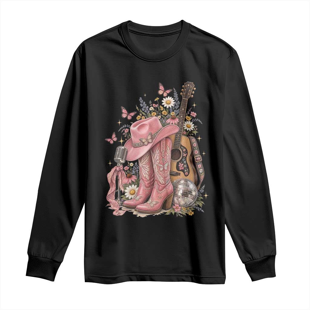 Vintage Floral Cowgirl Country Music Western Long Sleeve Shirt Boots Acoustic Guitar Disco Ball Pink Graphic