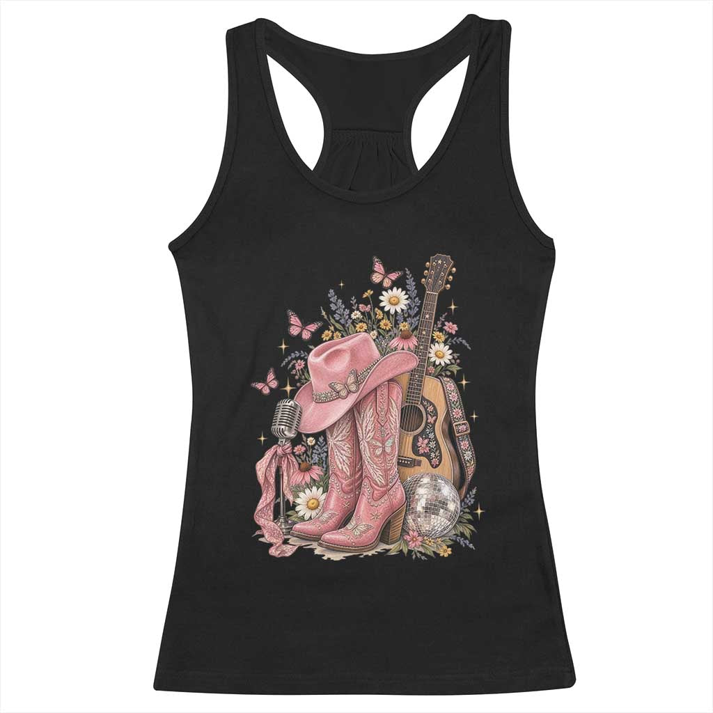 Vintage Floral Cowgirl Country Music Western Racerback Tank Top Boots Acoustic Guitar Disco Ball Pink Graphic