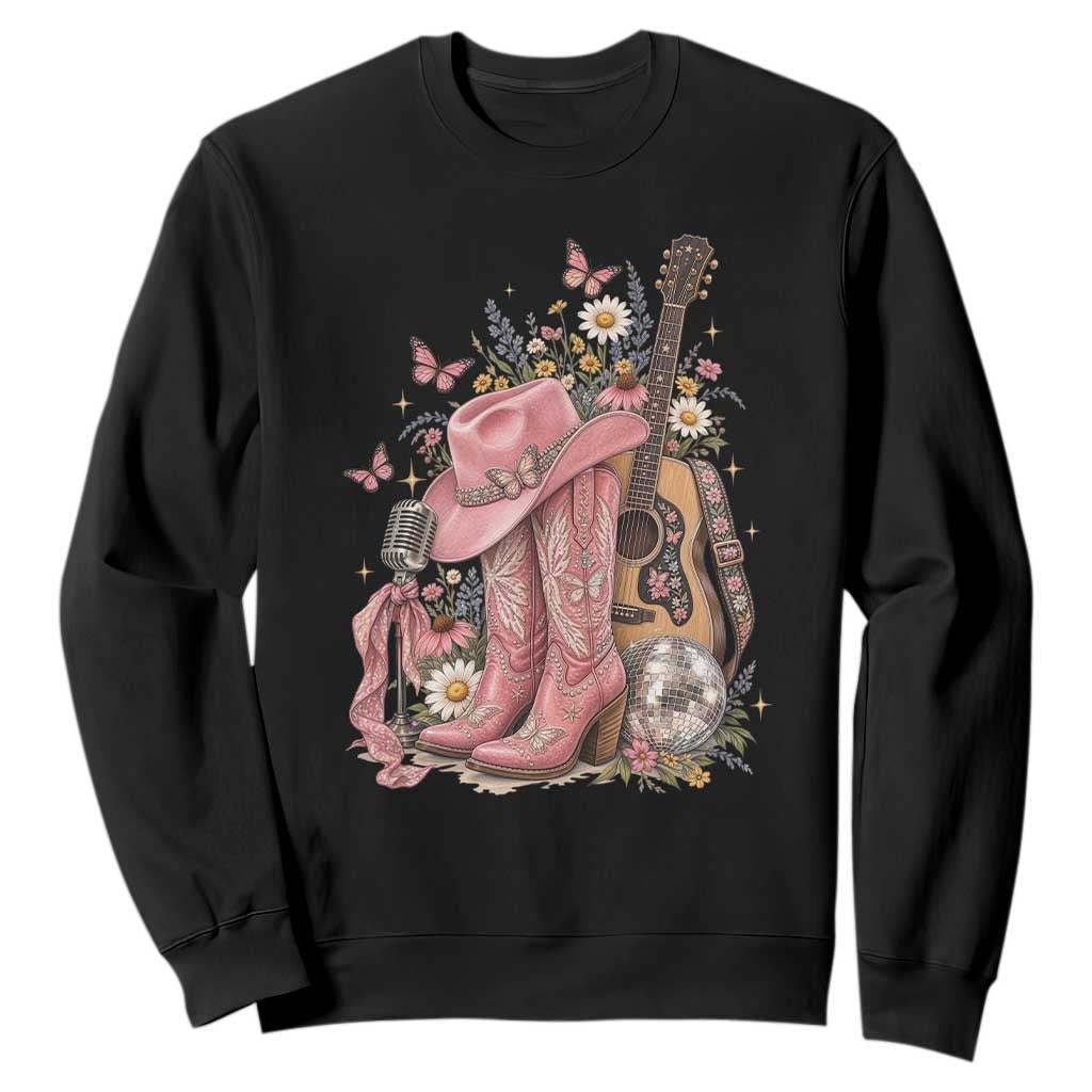 Vintage Floral Cowgirl Country Music Western Sweatshirt Boots Acoustic Guitar Disco Ball Pink Graphic