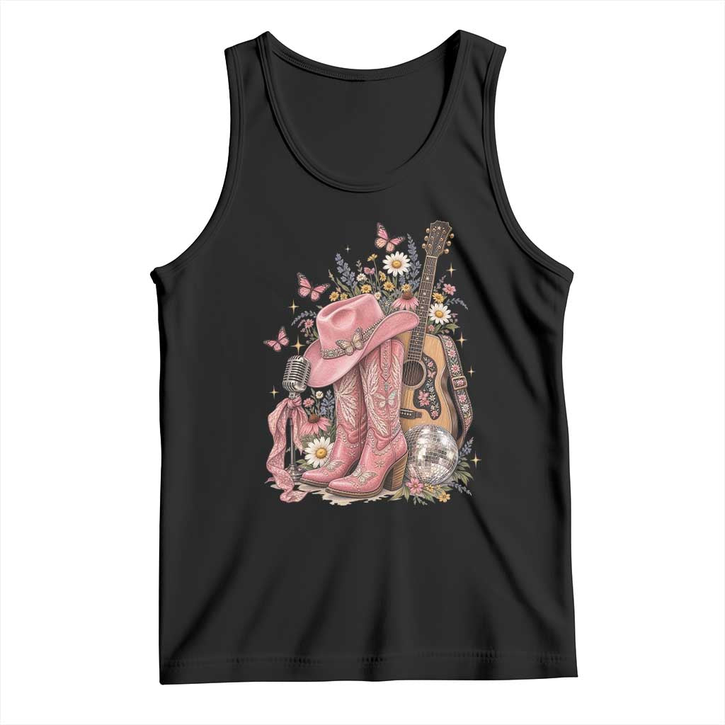 Vintage Floral Cowgirl Country Music Western Tank Top Boots Acoustic Guitar Disco Ball Pink Graphic