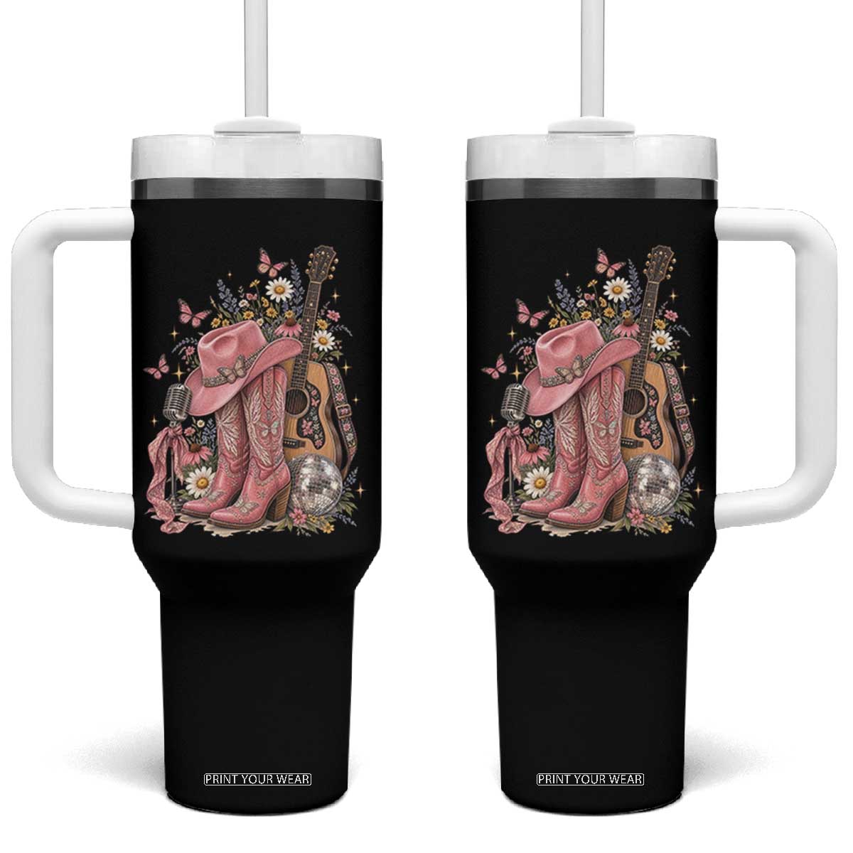 Vintage Floral Cowgirl Country Music Western Tumbler With Handle Boots Acoustic Guitar Disco Ball Pink Graphic