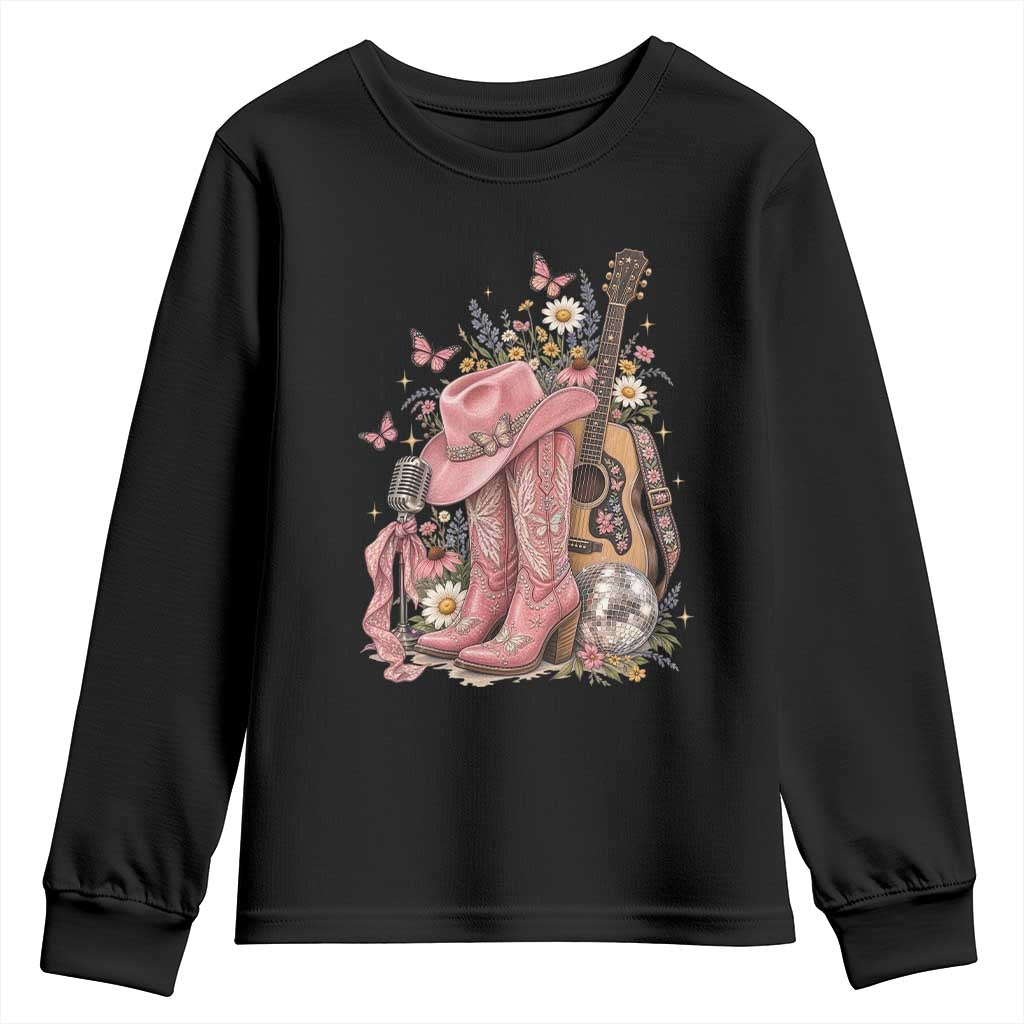 Vintage Floral Cowgirl Country Music Western Youth Sweatshirt Boots Acoustic Guitar Disco Ball Pink Graphic