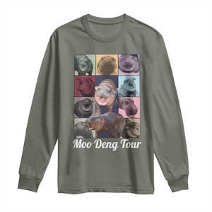 Baby Hippo Moo Deng Tour Long Sleeve Shirt Bouncy Cute Pygmy Hippopotamus TS02 Military Green Print Your Wear