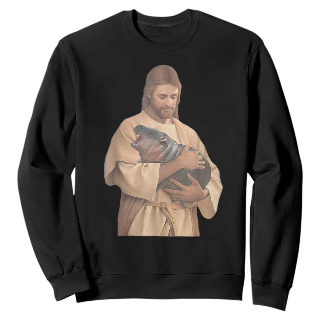 Jesus Loves Moo Deng Sweatshirt Bouncy Pig Cute Pygmy Hippo Meme TS02 Black Print Your Wear