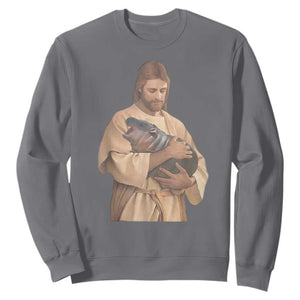 Jesus Loves Moo Deng Sweatshirt Bouncy Pig Cute Pygmy Hippo Meme TS02 Charcoal Print Your Wear