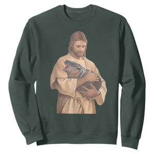 Jesus Loves Moo Deng Sweatshirt Bouncy Pig Cute Pygmy Hippo Meme TS02 Dark Forest Green Print Your Wear