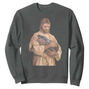 Jesus Loves Moo Deng Sweatshirt Bouncy Pig Cute Pygmy Hippo Meme TS02 Dark Heather Print Your Wear