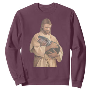 Jesus Loves Moo Deng Sweatshirt Bouncy Pig Cute Pygmy Hippo Meme TS02 Maroon Print Your Wear