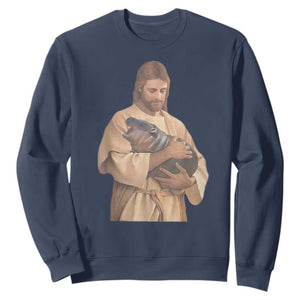 Jesus Loves Moo Deng Sweatshirt Bouncy Pig Cute Pygmy Hippo Meme TS02 Navy Print Your Wear