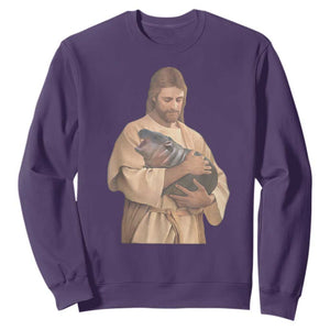 Jesus Loves Moo Deng Sweatshirt Bouncy Pig Cute Pygmy Hippo Meme TS02 Purple Print Your Wear