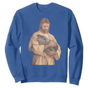 Jesus Loves Moo Deng Sweatshirt Bouncy Pig Cute Pygmy Hippo Meme TS02 Royal Blue Print Your Wear