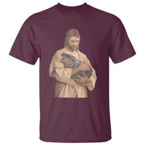 Jesus Loves Moo Deng T Shirt Bouncy Pig Cute Pygmy Hippo Meme TS02 Maroon Print Your Wear