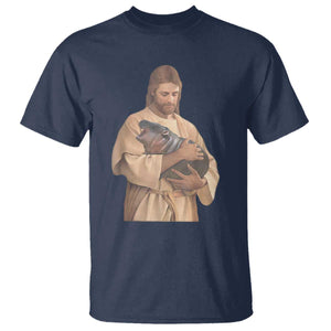 Jesus Loves Moo Deng T Shirt Bouncy Pig Cute Pygmy Hippo Meme TS02 Navy Print Your Wear