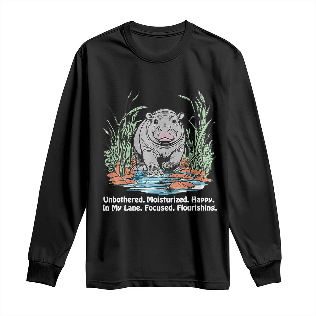 Baby Hippo Moo Deng Long Sleeve Shirt Unbothered Bouncy Pig Meme Cute Viral TS02 Black Print Your Wear