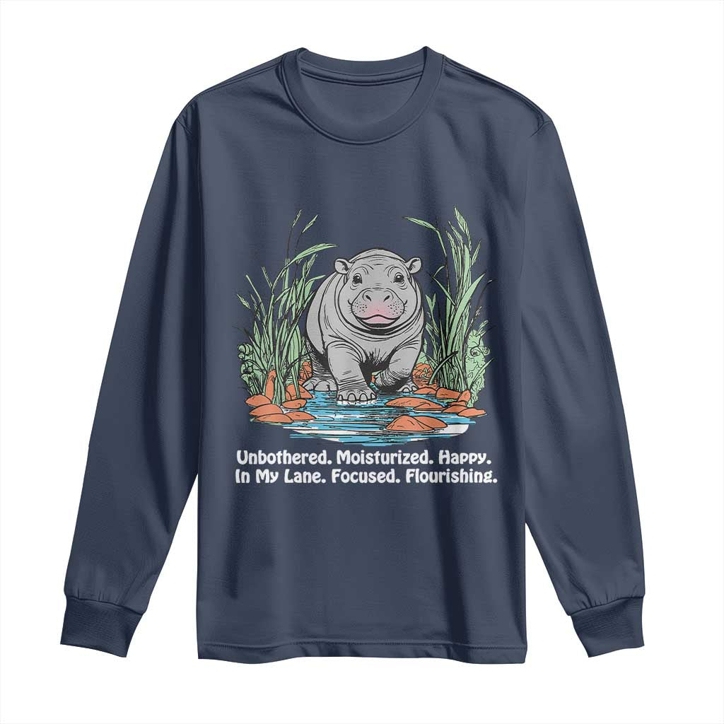 Baby Hippo Moo Deng Long Sleeve Shirt Unbothered Bouncy Pig Meme Cute Viral TS02 Navy Print Your Wear