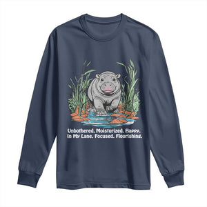 Baby Hippo Moo Deng Long Sleeve Shirt Unbothered Bouncy Pig Meme Cute Viral TS02 Navy Print Your Wear