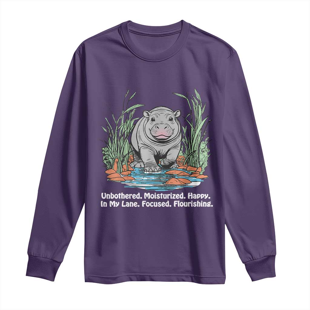 Baby Hippo Moo Deng Long Sleeve Shirt Unbothered Bouncy Pig Meme Cute Viral TS02 Purple Print Your Wear