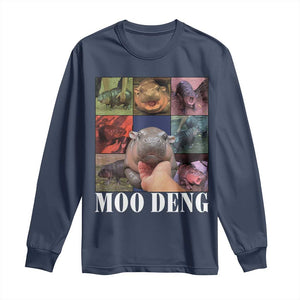 Baby Hippo Moo Deng Long Sleeve Shirt Pygmy Hippo Cute Zoo For Family TS02 Navy Print Your Wear