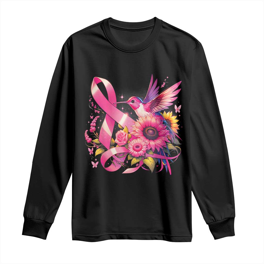 Breast Cancer Awareness Long Sleeve Shirt Hummingbird Pink Ribbon Support TS02 Black Print Your Wear