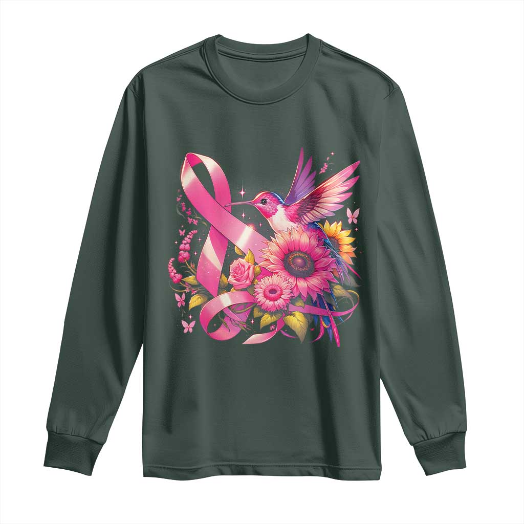 Breast Cancer Awareness Long Sleeve Shirt Hummingbird Pink Ribbon Support TS02 Dark Forest Green Print Your Wear
