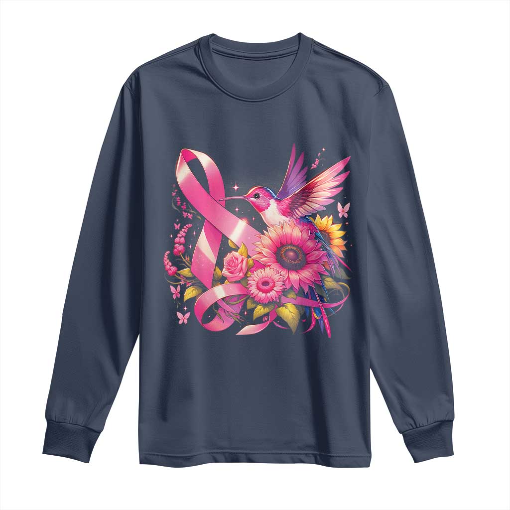 Breast Cancer Awareness Long Sleeve Shirt Hummingbird Pink Ribbon Support TS02 Navy Print Your Wear