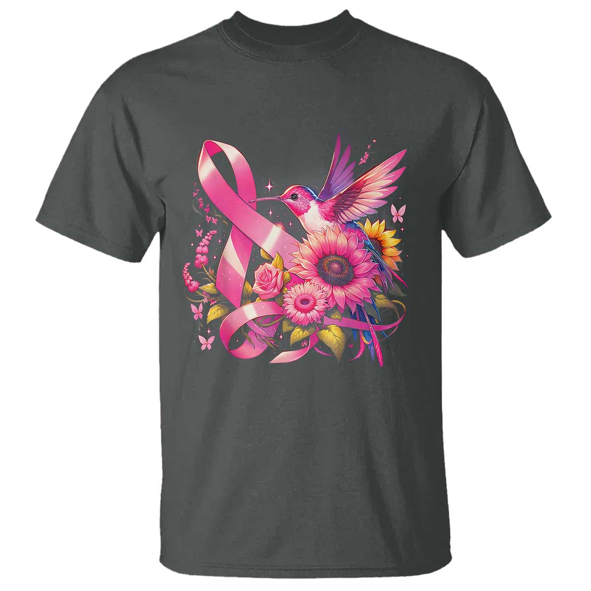Breast Cancer Awareness T Shirt Hummingbird Pink Ribbon Support TS02 Dark Heather Print Your Wear