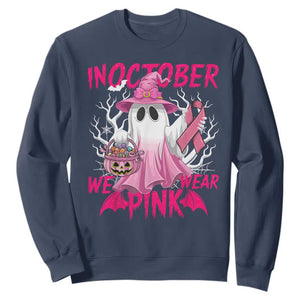 Breast Cancer Awareness Sweatshirt In October We Wear Pink Ghost TS02 Navy Print Your Wear