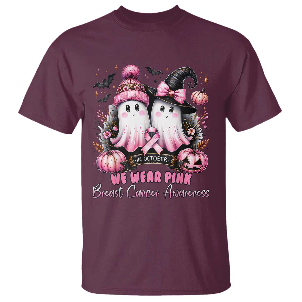 Breast Cancer Awareness Witch T Shirt In October We Wear Pink Ghost Witch TS02 Maroon Print Your Wear