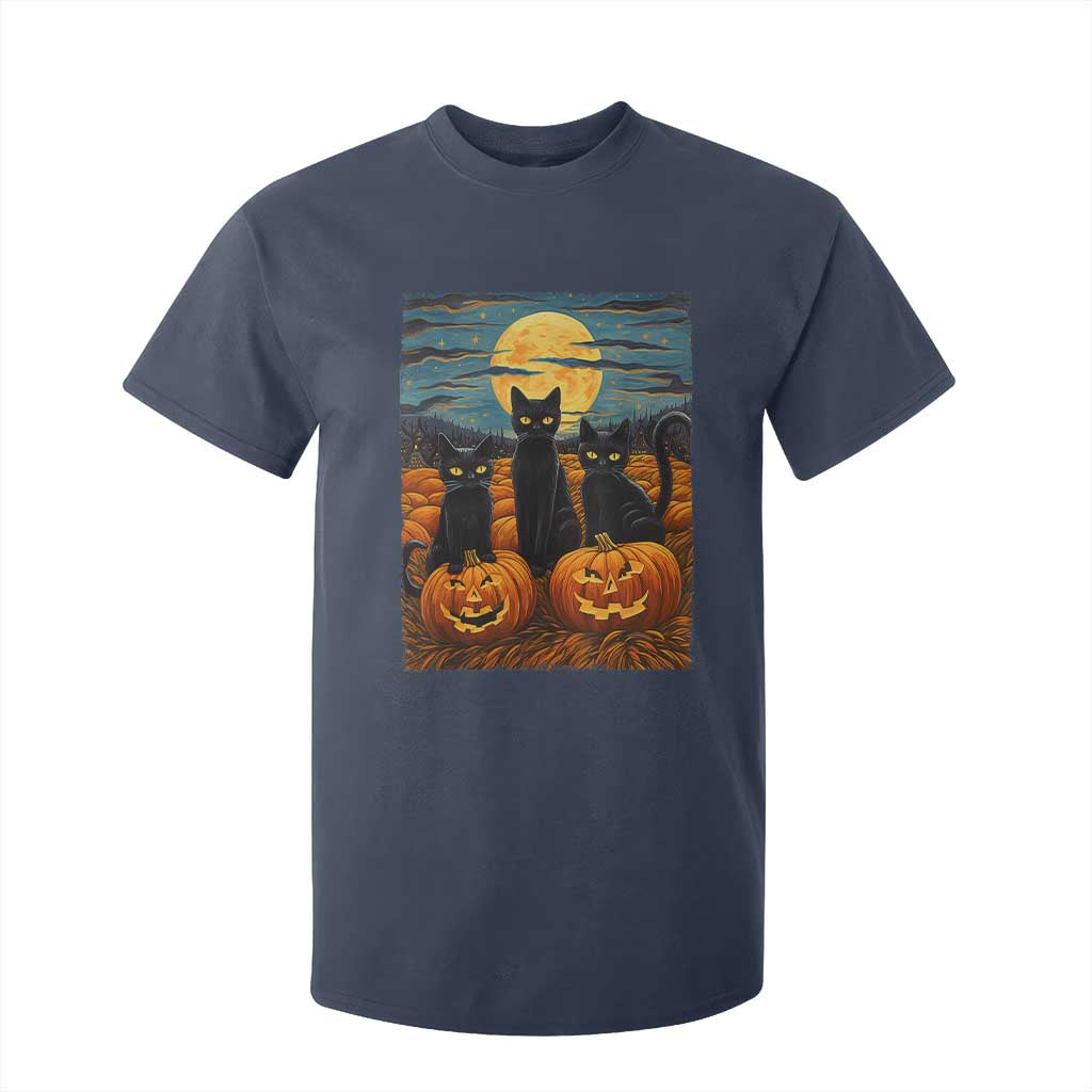 Black Cat Halloween T Shirt For Kid Starry Night Van Gogh Inspo TS02 Navy Print Your Wear