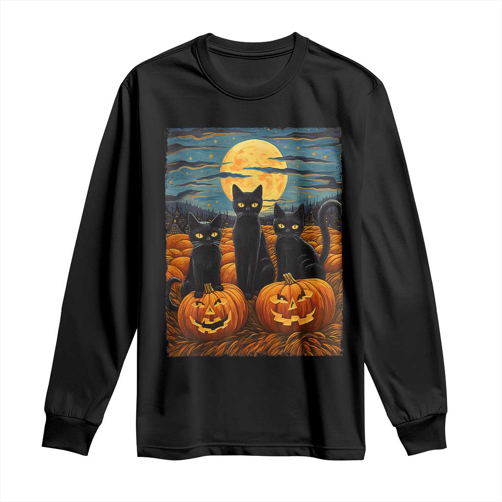 Black Cat Halloween Long Sleeve Shirt Starry Night Van Gogh Inspo TS02 Black Print Your Wear