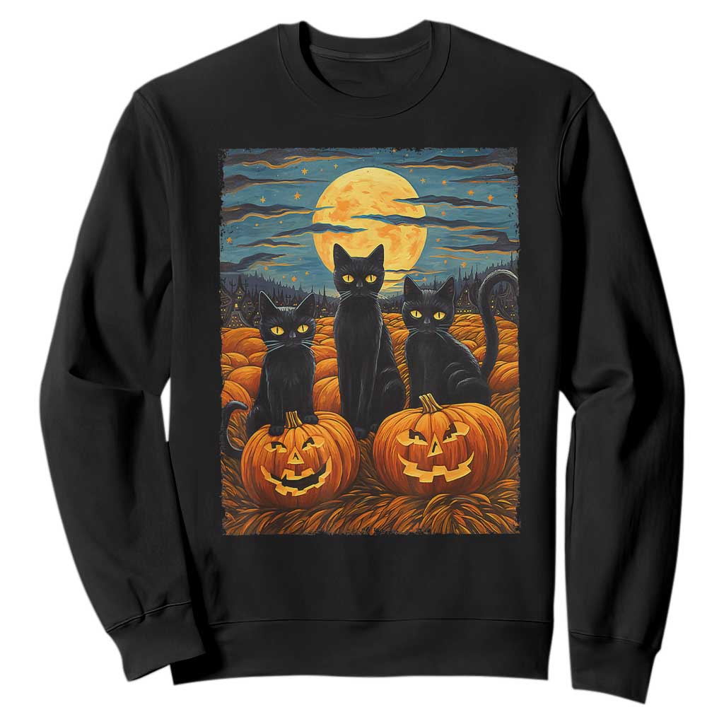 Black Cat Halloween Sweatshirt Starry Night Van Gogh Inspo TS02 Black Print Your Wear