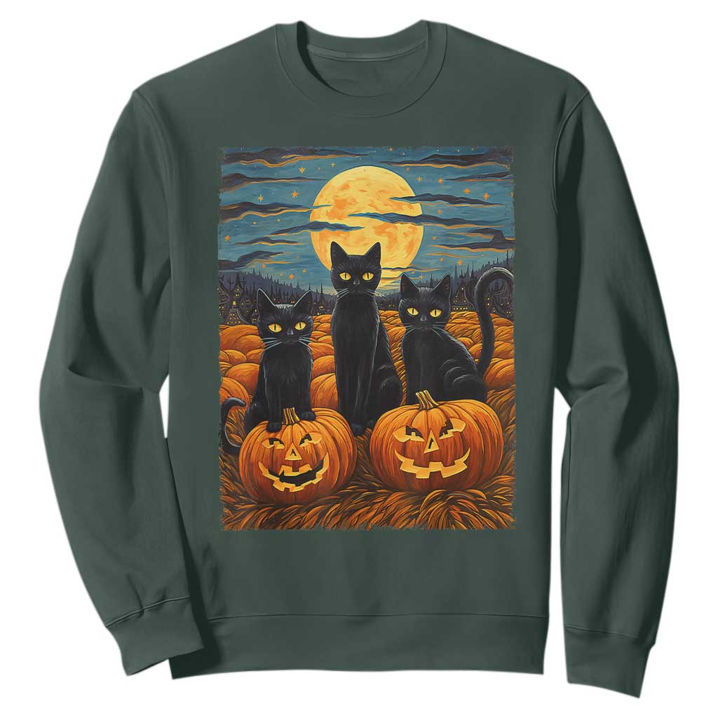 Black Cat Halloween Sweatshirt Starry Night Van Gogh Inspo TS02 Dark Forest Green Print Your Wear
