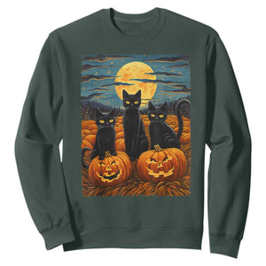 Black Cat Halloween Sweatshirt Starry Night Van Gogh Inspo TS02 Dark Forest Green Print Your Wear