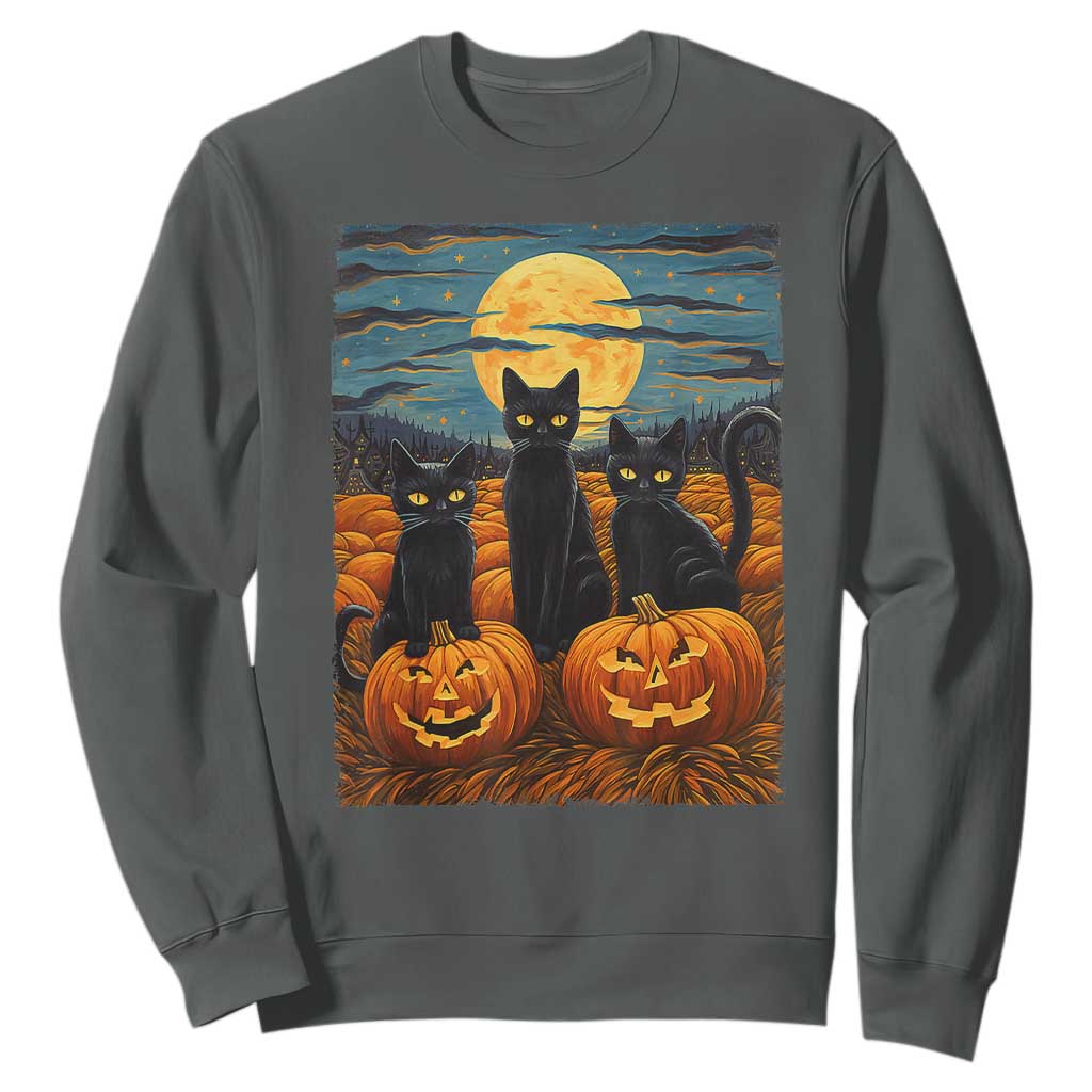 Black Cat Halloween Sweatshirt Starry Night Van Gogh Inspo TS02 Dark Heather Print Your Wear