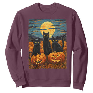 Black Cat Halloween Sweatshirt Starry Night Van Gogh Inspo TS02 Maroon Print Your Wear