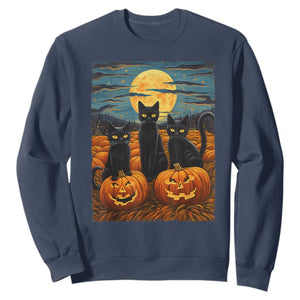 Black Cat Halloween Sweatshirt Starry Night Van Gogh Inspo TS02 Navy Print Your Wear