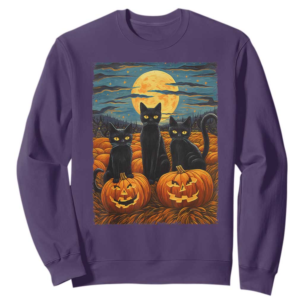 Black Cat Halloween Sweatshirt Starry Night Van Gogh Inspo TS02 Purple Print Your Wear