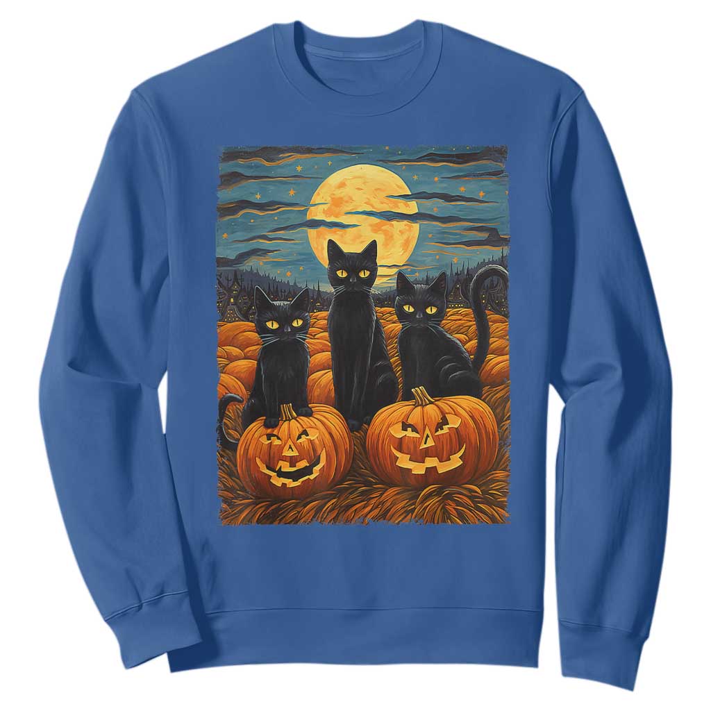 Black Cat Halloween Sweatshirt Starry Night Van Gogh Inspo TS02 Royal Blue Print Your Wear