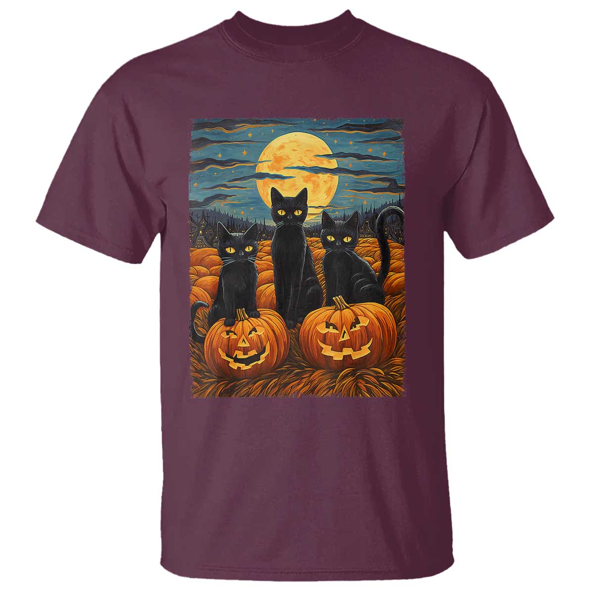 Black Cat Halloween T Shirt Starry Night Van Gogh Inspo TS02 Maroon Print Your Wear
