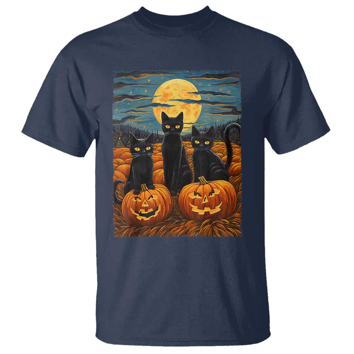 Black Cat Halloween T Shirt Starry Night Van Gogh Inspo TS02 Navy Print Your Wear