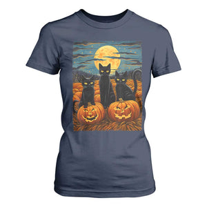 Black Cat Halloween T Shirt For Women Starry Night Van Gogh Inspo TS02 Navy Print Your Wear